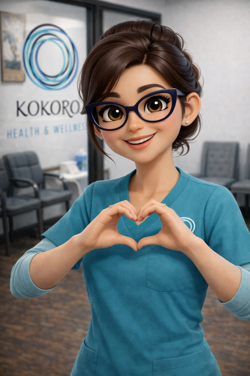 Koko, the Kokoro Health and Wellness patient guide, making a heart shape with her hands